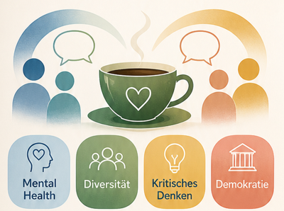Grafische Zusammenfassung der Themen Mental Health, Diversität, kritisches Denken und Demokratie mit einer Kaffeetasse als Symbol für Begegnung und Dialog