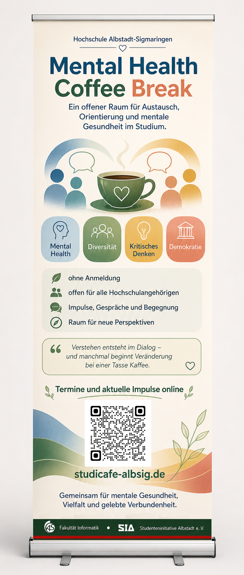 Roll-up des Mental Health Coffee Break mit Themen, QR-Code und Kurzbeschreibung